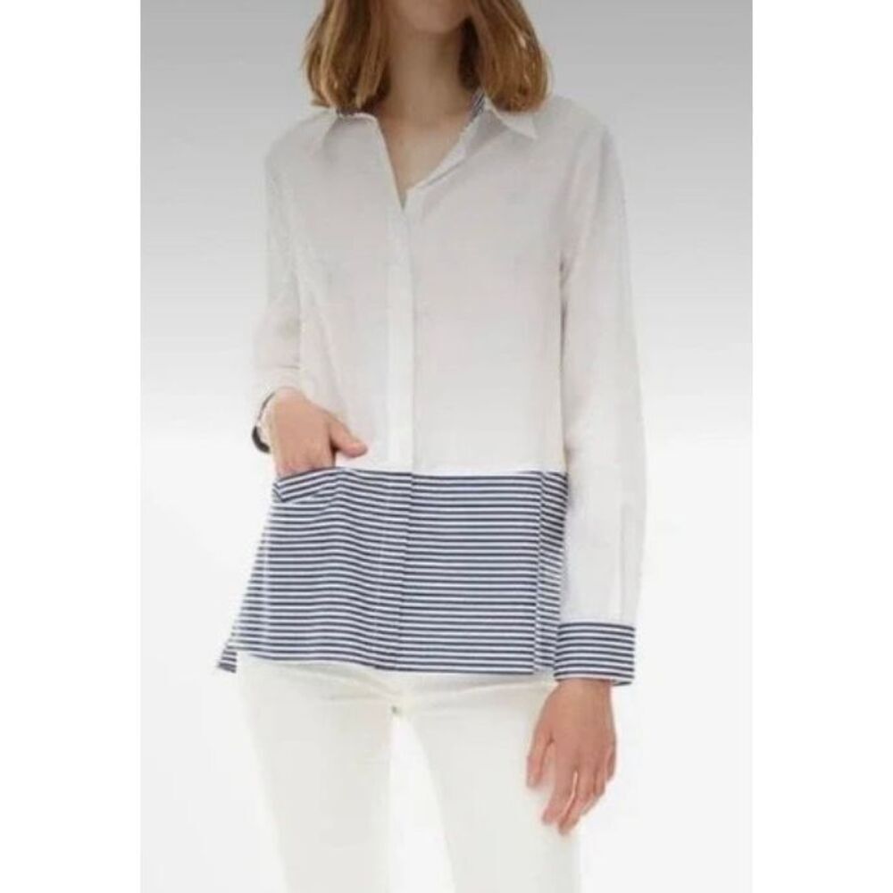 Harshman Azur Blouse Long Sleeve Shirt White & Navy‎ Stripe Women’s XS (2-4)